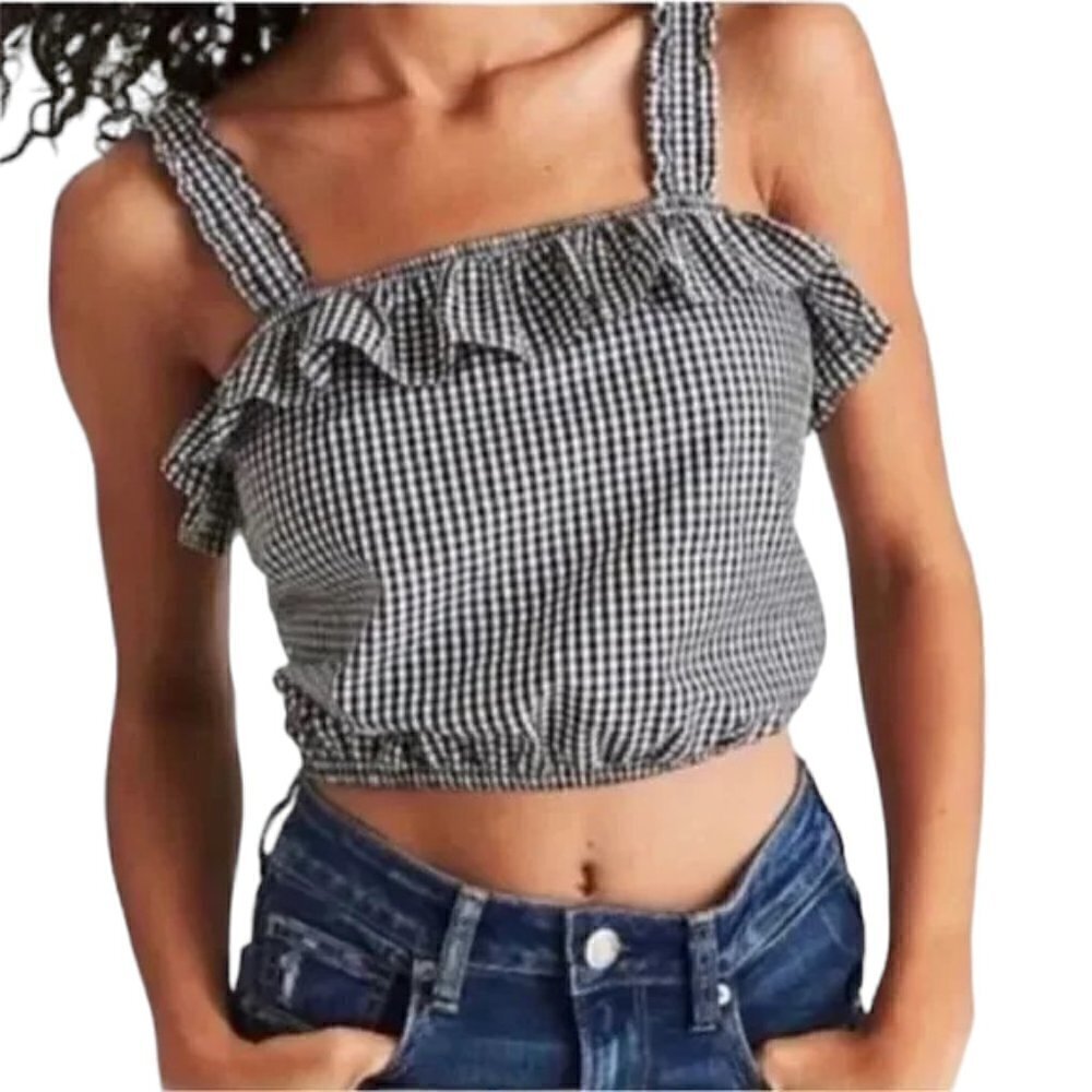 AMERICAN EAGLE Gingham White Black Ruffle Crop Top - Size Large